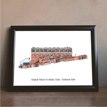 Load image into Gallery viewer, Jessica Sian Illustration's pen and watercolour print of Crystal Palace FC with the text 'Crystal Palace Football Club - Selhurst Park' underneath, in a black frame.