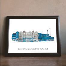 Load image into Gallery viewer, A full colour print of Queens Park Rangers Loftus Road Football Stadium by Jessica Sian in a black frame with the text 'Queens Park Rangers Football Club - Loftus Road' underneath it.