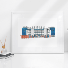 Load image into Gallery viewer, Everton wall art print of Goodison Park football stadium. A fineliner and watercolour painting of the ground. Photographed in a white frame.