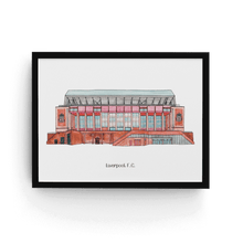 Load image into Gallery viewer, A framed print of Anfield football stadium, home to Liverpool FC the piece is personalised with 'Liverpool F.C.' printed underneath it. It is in a slim black frame.