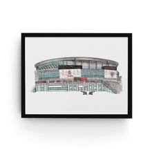 Load image into Gallery viewer, A detailed full colour illustration of Arsenal Football Ground. The piece is in a black frame.