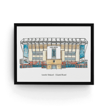 Load image into Gallery viewer, A detailed illustration of Elland Road stadium, home to Leeds United FC. The print has the club and stadium names printed underneath. It&#39;s in a black frame. 
