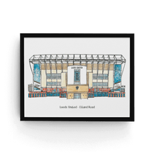 Load image into Gallery viewer, A detailed illustration of Elland Road stadium, home to Leeds United FC. The print has the club and stadium names printed underneath. It's in a black frame.