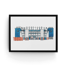 Load image into Gallery viewer, A framed Everton Print of the club's football stadium, Goodison Park. The print is in a black frame and is signed by the artist, Jessica Sian.