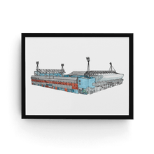 Load image into Gallery viewer, A framed print of Ipswich Town FC, the piece is printed from Jessica Sian&#39;s original illustrations. It is signed by the artist and photographed in a black frame.
