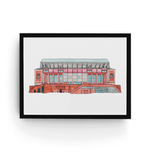 Load image into Gallery viewer, A framed Liverpool F.C. print of their stadium, Anfield. The piece is signed by the artist, Jessica Sian and displayed in a black frame. 
