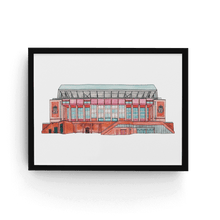 Load image into Gallery viewer, A framed Liverpool F.C. print of their stadium, Anfield. The piece is signed by the artist, Jessica Sian and displayed in a black frame.