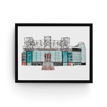 Load image into Gallery viewer, A framed A4 print of Manchester United football club. The watercolour and fineliner print is in a black frame and is signed by the artist.