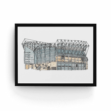 Load image into Gallery viewer, A hand drawn and painted Newcastle United print of St James' Park. The print is signed by the artist and photographed in a black frame.