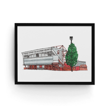 Load image into Gallery viewer, A pen and watercolour painting of Nottingham Forest Football Ground. The piece is photographed in a black frame.