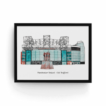 Load image into Gallery viewer, A personalised print of Old Trafford, home to Manchester United FC. The piece has the words &#39;Manchester United - Old Trafford&#39; printed below the illustration.
