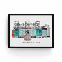 Load image into Gallery viewer, A personalised print of Old Trafford, home to Manchester United FC. The piece has the words 'Manchester United - Old Trafford' printed below the illustration.