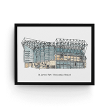 Load image into Gallery viewer, A personalised Newcastle United print, the print shows the club's stadium with the words 'St. James' Park - Newcastle United' underneath it.