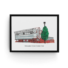 Load image into Gallery viewer, A personalised Nottingham Forest football club print of the City Ground. The full colour illustration has the words 'Nottingham Forest Football Club' printed underneath it.