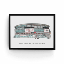 Load image into Gallery viewer, A framed print of The Emirates Football Stadium, home to Arsenal FC. The piece is personalised with the words 'Arsenal Football Club - The Emirates Stadium' printed underneath, it is in a black frame.