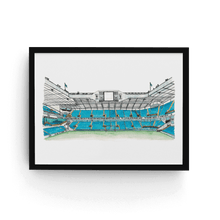 Load image into Gallery viewer, Tottenham Hotspur football stadium painting by Jessica Sian. The piece is a detailed pen and watercolour painting in a plain black frame.