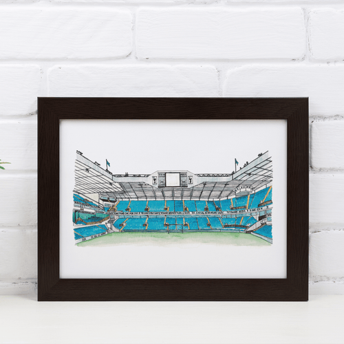 A print of Tottenham Hotspur's previous ground, White Hart Lane. The illustration is of the inside of the ground, the Park Lane stand. Printed from the artist's original artwork, the print is signed.