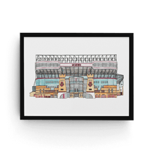 Load image into Gallery viewer, West Ham wall art, the full colour print is printed from Jessica Sian's hand drawn illustrations. Photographed in a black frame.