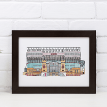 Load image into Gallery viewer, A framed print of West Ham United's Football Stadium, Upton Park. The piece is printed from Jessica Sian's original fineliner and watercolour artwork of the football ground.