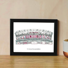 Load image into Gallery viewer, The London Stadium West Ham United print with the words 'I'm Forever Blowing Bubbles' underneath.