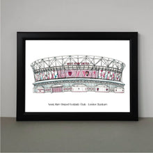 Load image into Gallery viewer, The London Stadium print with the text 'West Ham United Football Club - London Stadium' printed underneath.