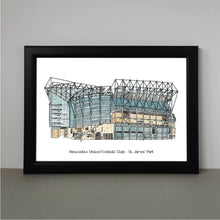 Load image into Gallery viewer, A detailed Newcastle United print of St James' Park Stadium hand drawn by the artist Jessica Sian.