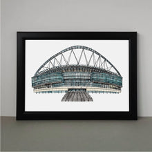 Load image into Gallery viewer, A hand-drawn print of Wembley Stadium, where England's Women's Football team won the 2022 Euros. The piece is in a black frame.