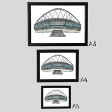 Load image into Gallery viewer, Three copies of Jessica Sian's Wembley Stadium print to show the different sizes; A5, A4 and A3.