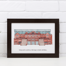 Load image into Gallery viewer, A personalised print of Aston Villa Football Stadium, the piece has the quote 'Every week we follow, the boys in claret and blue…' printed underneath.