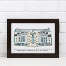 Load image into Gallery viewer, A detailed illustration of Stamford Bridge football stadium with a Chelsea FC chant printed underneath. Framed in a black frame.