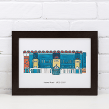 Load image into Gallery viewer, Personalised Manchester City Art Print, the piece has been personalised with &#39;Maine Road - 1923-2003&#39; printed beneath the painting. It&#39;s photographed in a black frame.
