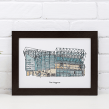 Load image into Gallery viewer, A personalised Newcastle United painting of St James' Park. The print is from the artist's original painting and is personalised with 'The Magpies' printed underneath the illustration.