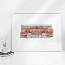 Load image into Gallery viewer, An A4 Villa Park Print, printed from the artists' hand drawn and painted illustration. Framed in a white frame.