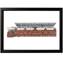 Load image into Gallery viewer, A detailed pen and watercolour illustration of the Johnny Haynes Stand and the Craven Cottage at Fulham Football Ground.
