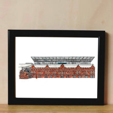 Load image into Gallery viewer, A detailed pen and watercolour illustration of Fulham Football Club&#39;s ground Craven Cottage in a black frame. 
