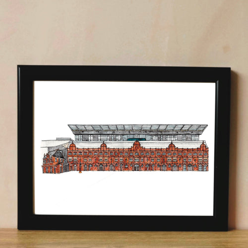 A detailed pen and watercolour illustration of Fulham Football Club's ground Craven Cottage in a black frame. 
