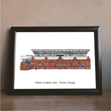 Load image into Gallery viewer, A watercolour print of Jessica Sian&#39;s illustration of Craven Cottage with the text Fulham Football Club - Craven Cottage underneath
