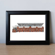 Load image into Gallery viewer, A framed pen and watercolour print of Craven Cottage home to Fulham FC by Jessica Sian

