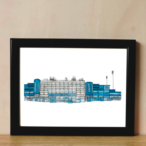 A pen and watercolour print of Loftus Road Stadium in a black frame