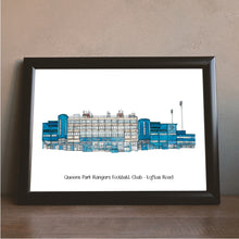 Load image into Gallery viewer, A full colour print of Queens Park Rangers Loftus Road Football Stadium by Jessica Sian in a black frame with the text &#39;Queens Park Rangers Football Club - Loftus Road&#39; underneath it.
