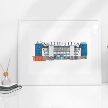 Load image into Gallery viewer, Everton wall art print of Goodison Park football stadium. A fineliner and watercolour painting of the ground. Photographed in a white frame.
