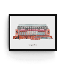Load image into Gallery viewer, A framed print of Anfield football stadium, home to Liverpool FC the piece is personalised with &#39;Liverpool F.C.&#39; printed underneath it. It is in a slim black frame.
