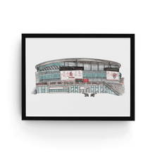 Load image into Gallery viewer, A detailed full colour illustration of Arsenal Football Ground. The piece is in a black frame.

