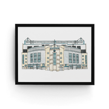 Load image into Gallery viewer, Framed Chelsea Football Club Wall Art, printed onto white paper in a simple black frame. The piece is printed from Jessica Sian&#39;s original illustrations.
