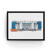 Load image into Gallery viewer, A framed Everton Print of the club&#39;s football stadium, Goodison Park. The print is in a black frame and is signed by the artist, Jessica Sian. 
