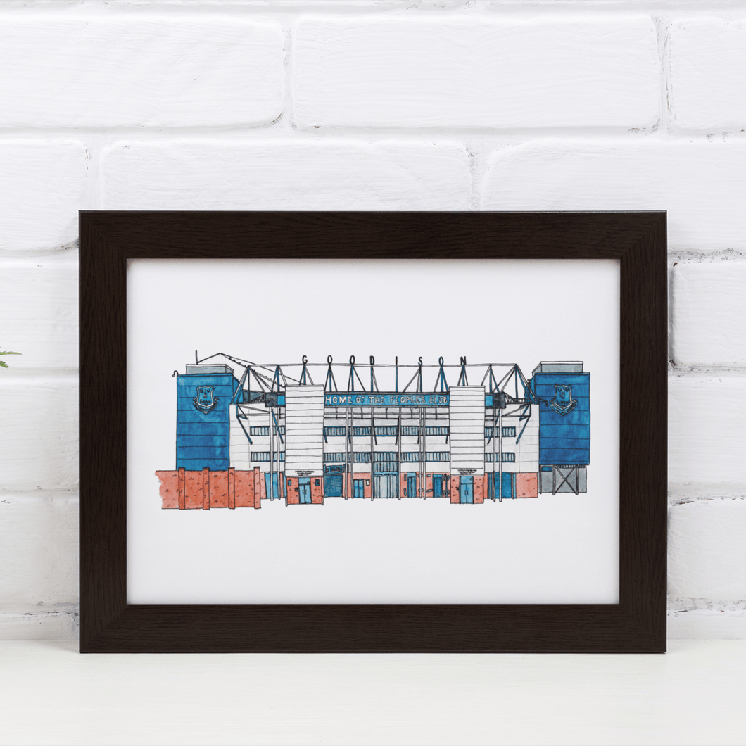 A framed Everton print of Goodison Park football stadium. The piece is in a black frame.