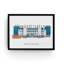 Load image into Gallery viewer, Personalised Everton wall art. The detailed illustration of the club is personalised with the words &#39;Everton FC - Goodison Park&#39; printed underneath it. 
