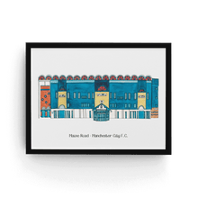 Load image into Gallery viewer, Manchester City wall art, depicting the Maine Road stadium. The piece is a print of the artist&#39;s original watercolour painting with the stadium name printed underneath. It&#39;s signed by the artist and in a black frame.
