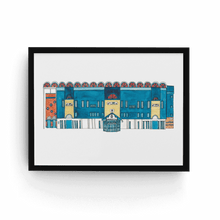 Load image into Gallery viewer, A framed Manchester City Print of the outside of the Maine Road Stadium. The piece is a fineliner and watercolour painting by the artist, in a black frame.
