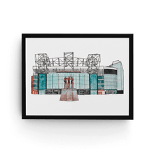Load image into Gallery viewer, A framed A4 print of Manchester United football club. The watercolour and fineliner print is in a black frame and is signed by the artist.
